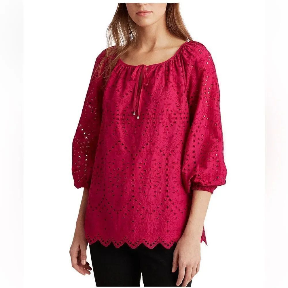 Lauren Ralph Lauren Women’s Size Small Frynna Top Pink Eyelet Embroidered